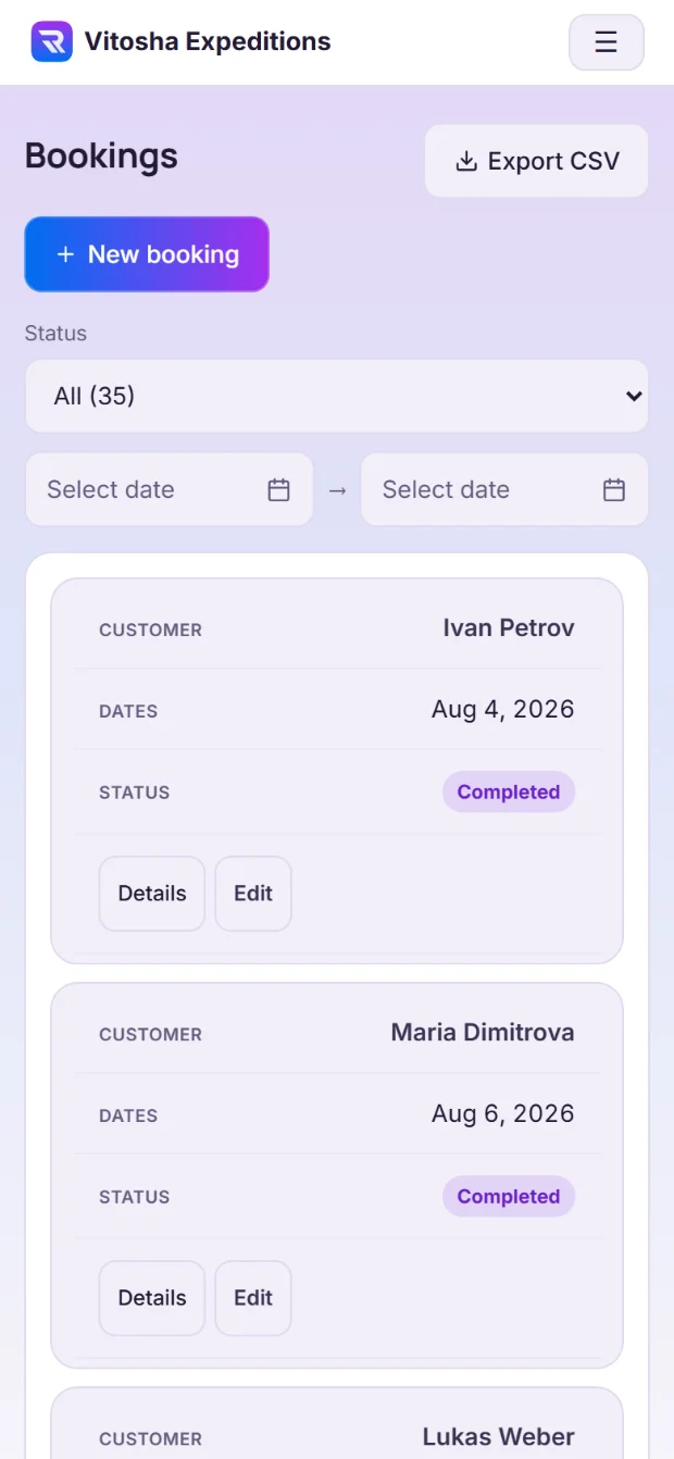 The Retveno bookings list on a phone: every guest, their dates and their status, with the whole thing filterable from the trailhead.
